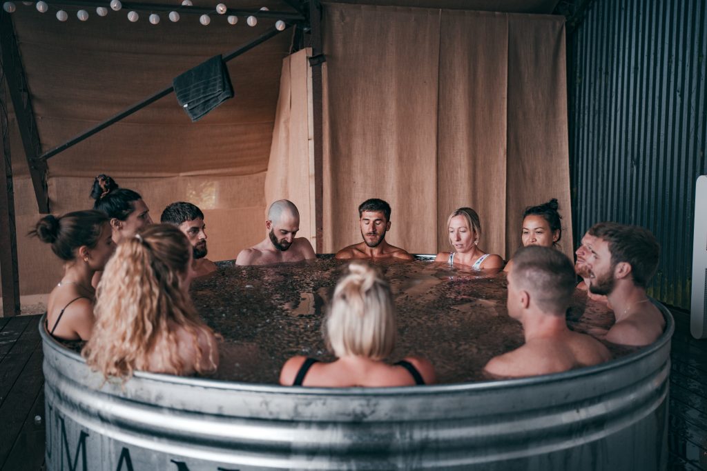 image of group of attendees in a cold water ice bath at the mindful elements team day experience