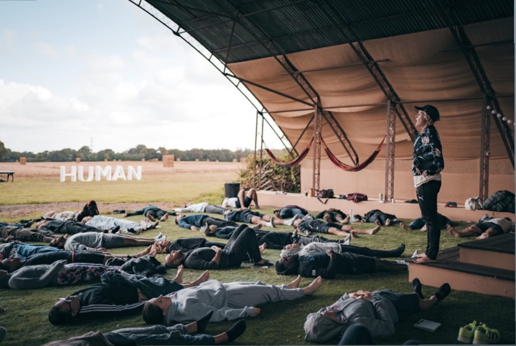 Corporate wellbeing breathing practice in nature.
